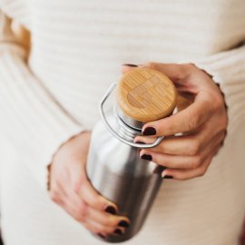 Bambaw Rostfri stor Vattenflaska med bambukork, 1000 ml