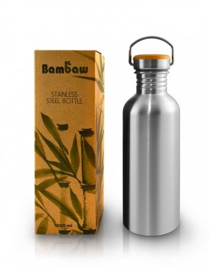 Bambaw Rostfri stor Vattenflaska med bambukork, 1000 ml